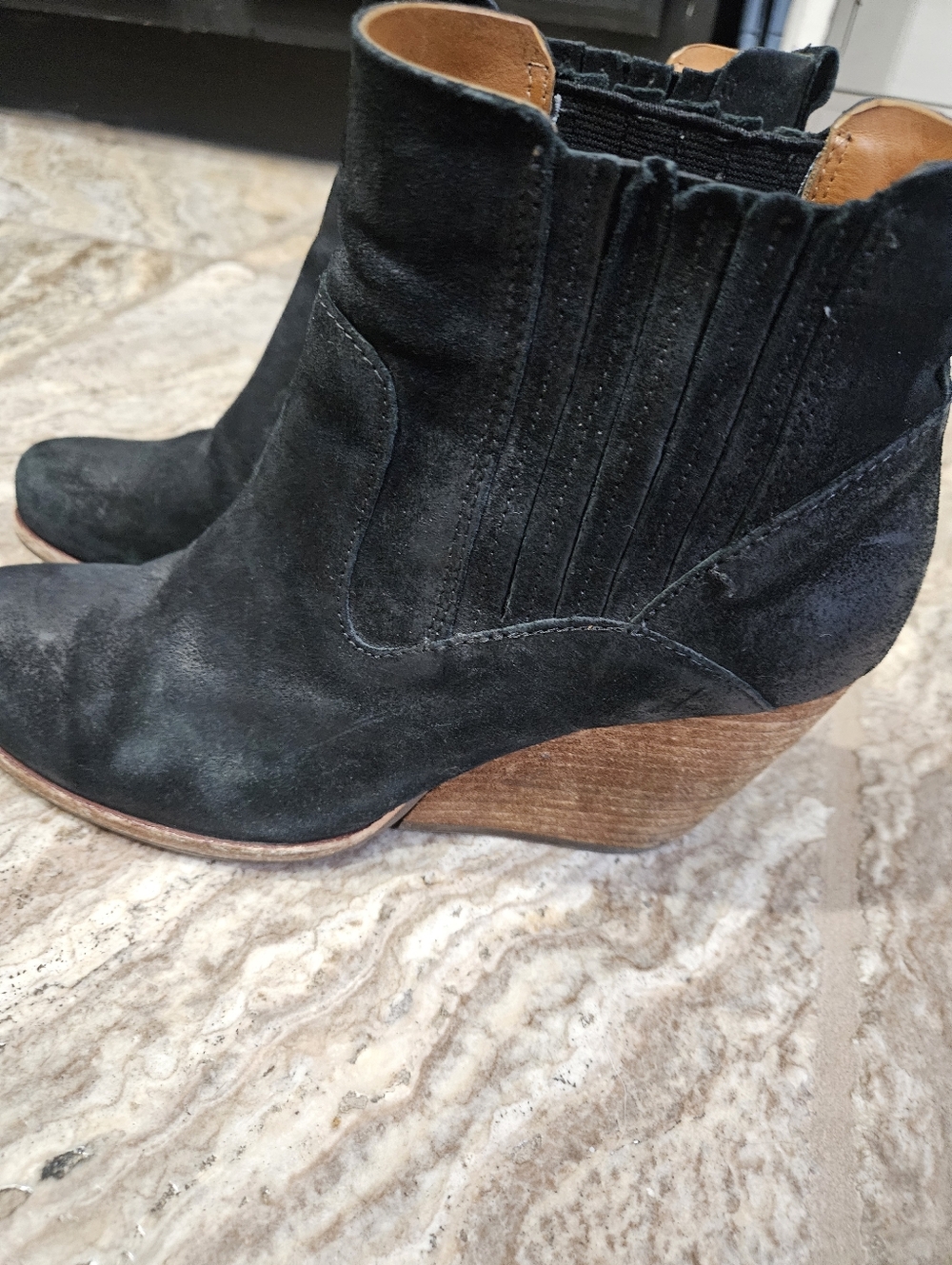Kork-Ease Black Suede Wedge Ankle Booties with Wood Stacked Heel 8.5